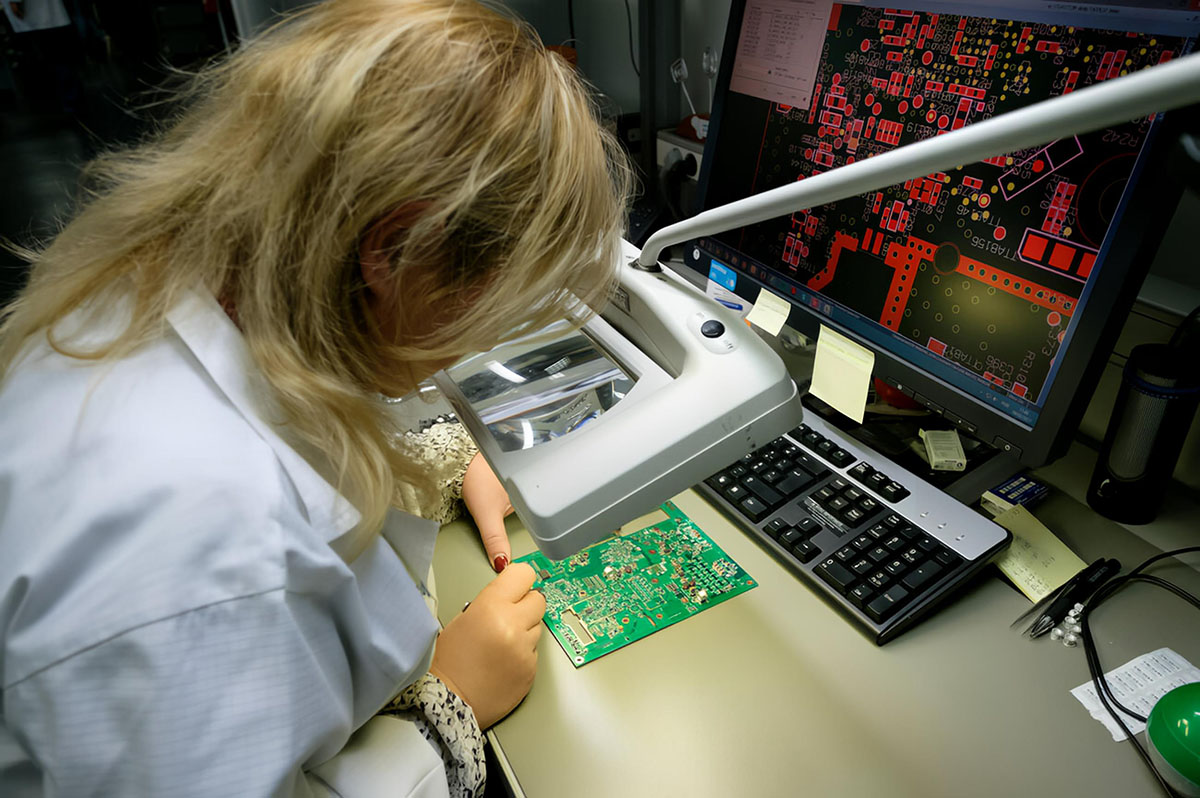 Работница, монтаж печатной платы на заводе электроники