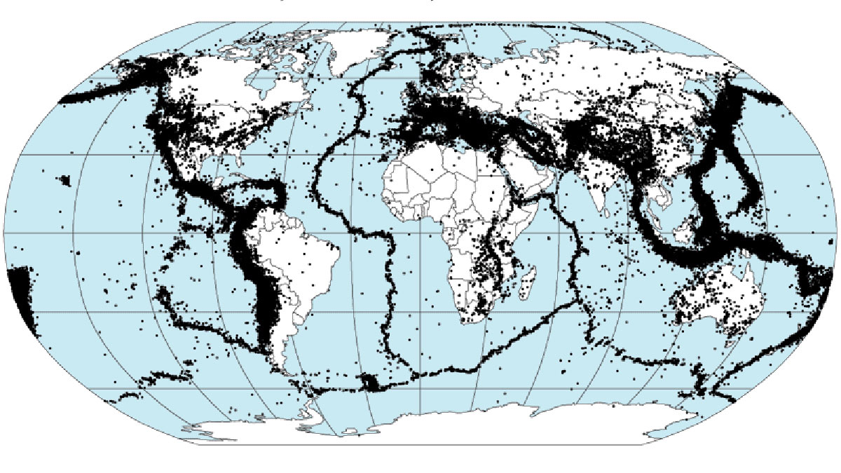 Эпицентры землетрясений с 1963 по 1998 год