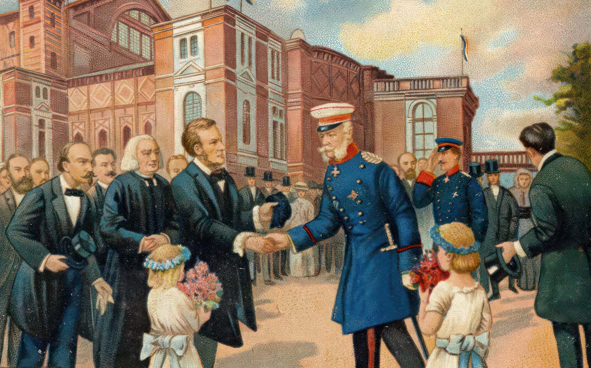 Рихард Вагнер в Байройте в 1876 году вместе с кайзером Вильгельмом I на открытии Фестшпильхауса.