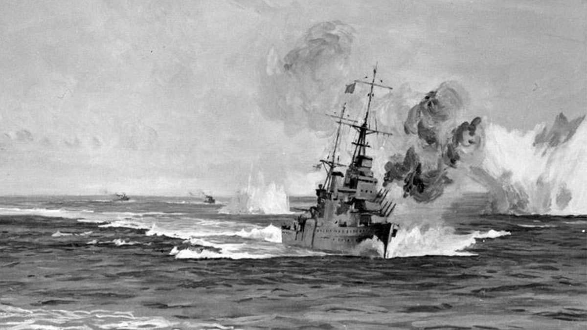 "Крейсер "Фиджи" отражает воздушный налет", рисунок Р. Лэнгмейда