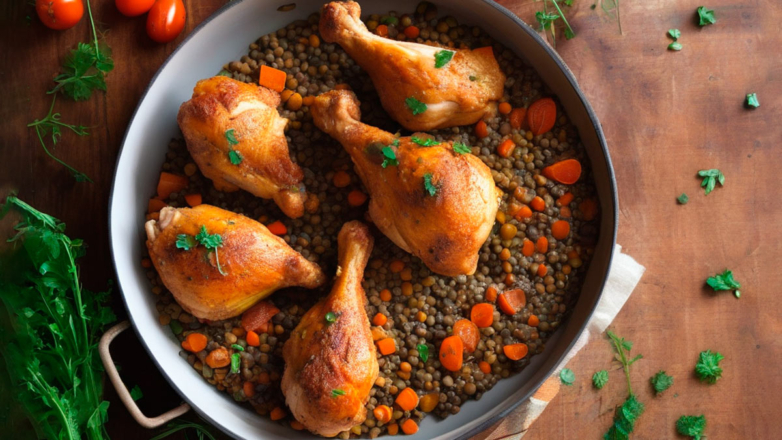 Сытно и полезно: куриные голени с чечевицей и овощами