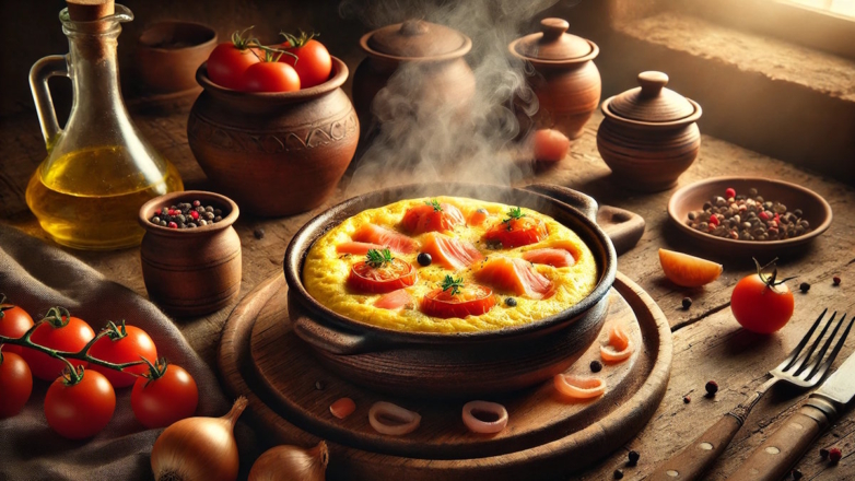 Готовим в горшочках: омлет с горбушей и помидорами