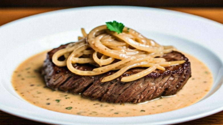 Готовим в горшочках: нежная говядина с луком в сметанно-горчичном соусе