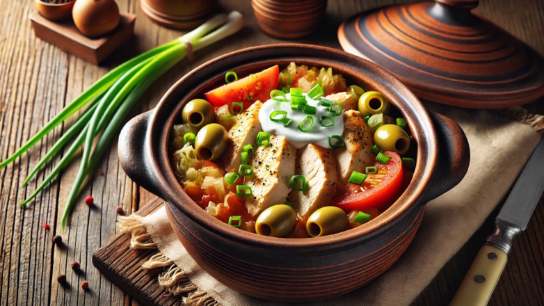 Готовим в горшочках: аппетитная куриная грудка с помидорами и оливками