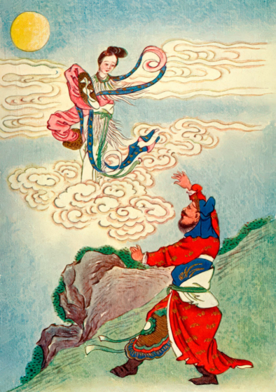 Китайская богиня Чанъэ улетает на Луну. Иллюстрация из книги Эдварда Вернера "Мифы и легенды Китая", 1922