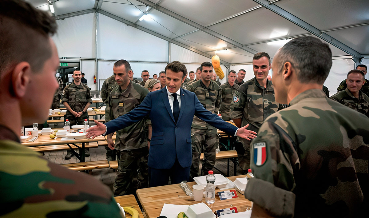 Президент Франции Эмманюэль Макрон на ужине с французскими и бельгийскими солдатами в Румынии