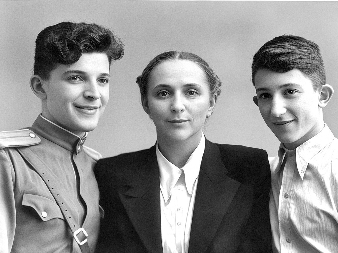 Аркадий и Борис Стругацкие с мамой, 28 августа 1948 года