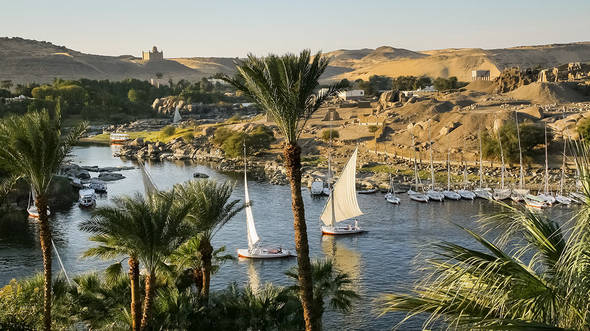 View on the river Nile at sunset in Aswan, Egypt