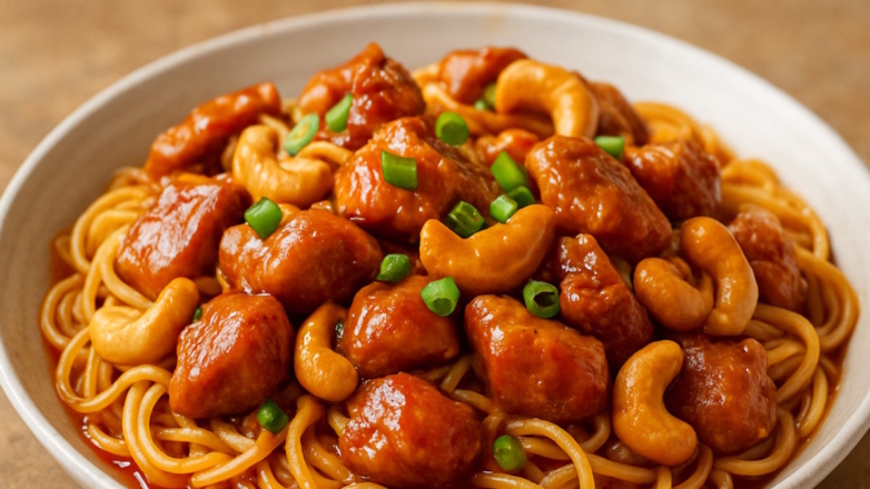 Готовим свинину с лапшой и кешью под кисло-сладким соусом: простой и быстрый рецепт китайской кухни