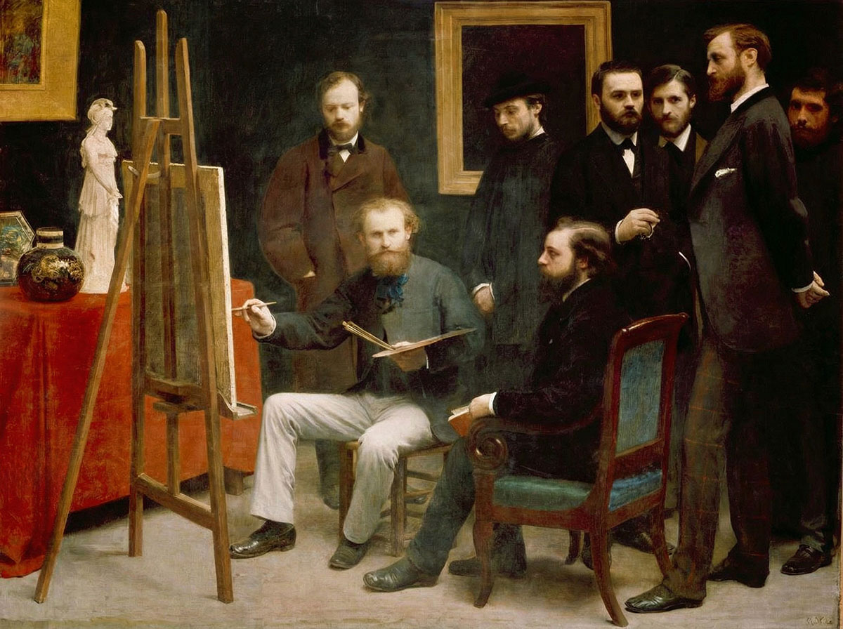 Эдуард Мане пишет картину в окружении своих друзей и коллег, включая Огюста Ренуара, Эмиля Золя и Клода Моне