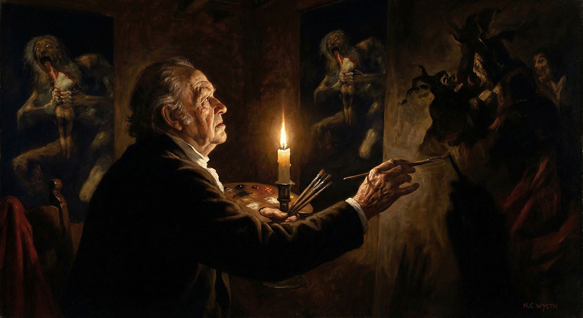 Ф. Гойя перед своими мрачными “чёрными картинами”.